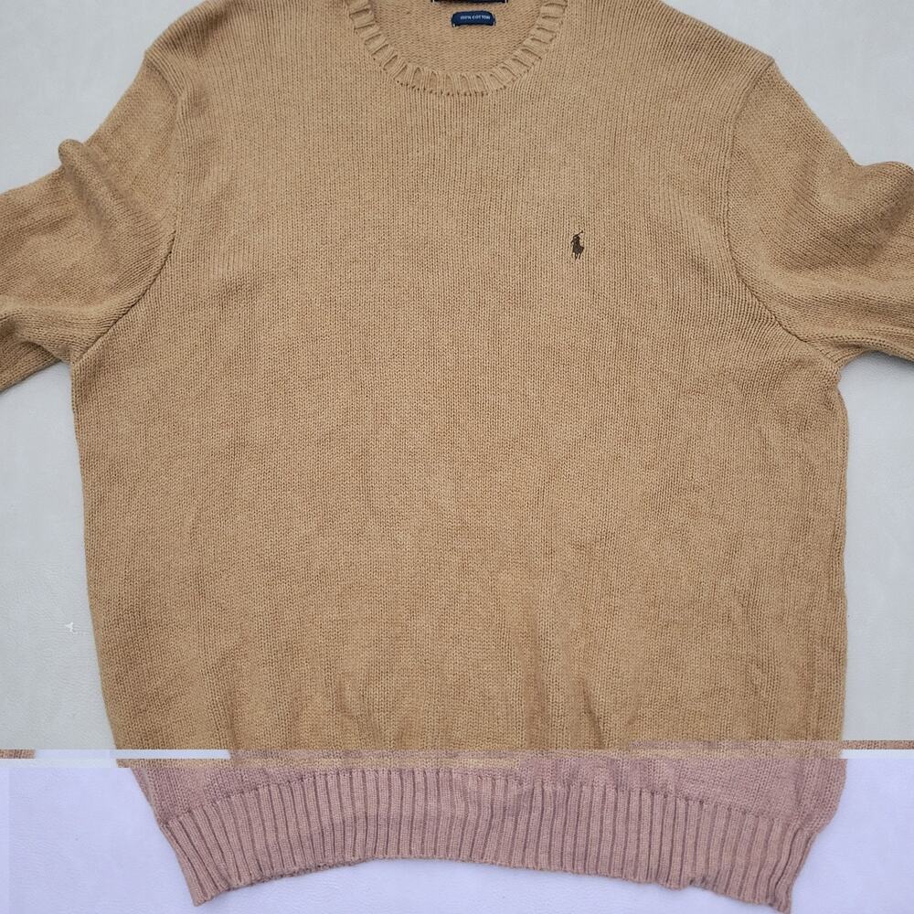 Vintage POLO Ralph Lauren Camel Brown Mens 100% Cotton Sweater Crew Neck XL - Picture 8 of 12